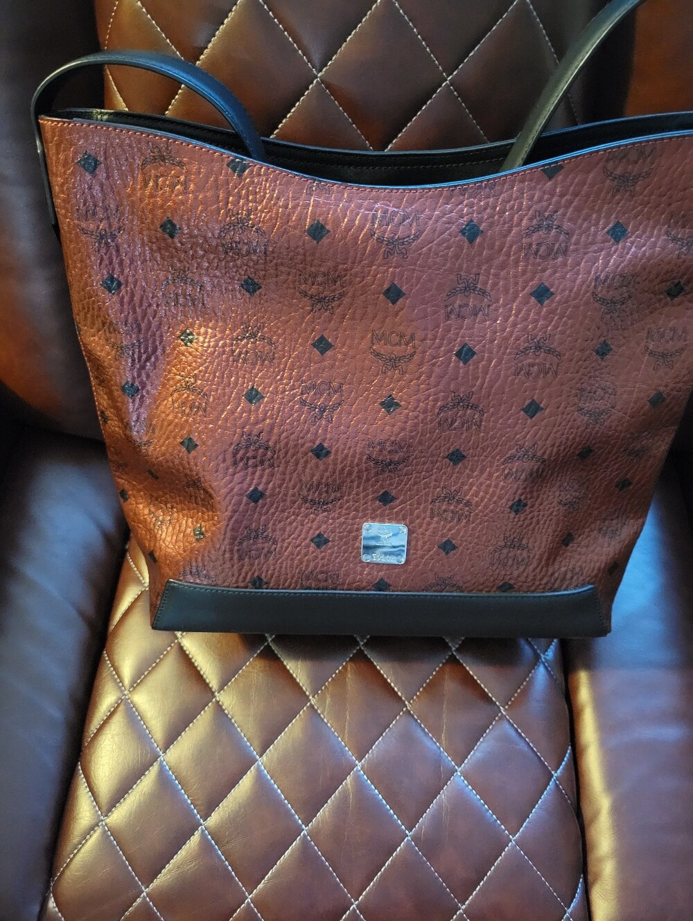 MCM Cognac Brown Monogram Reversible Tote with Black Trim